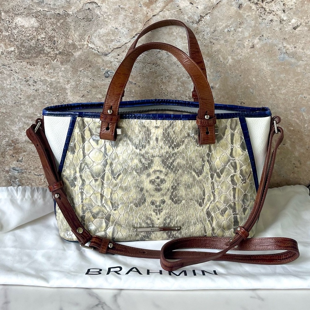 Brahmin Mini Asher in Blue/White/Brown